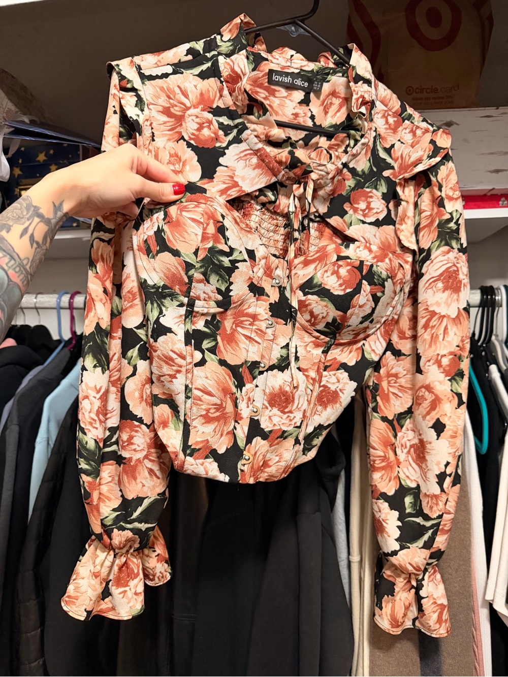 Lavish Alice Black Blouse with Peach Floral Tie-Neck